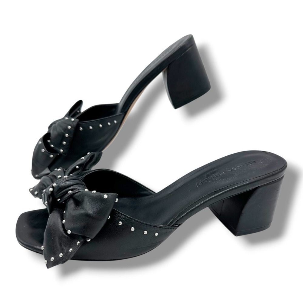Rebecca Minkoff Black Leather Bow Studded Block Heel Mules Slides Women's Size 8